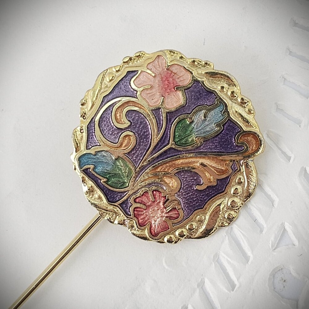 Vintage Purple Pink Yellow Cloisonné Enamel Flower Stick Pin Gold Plated